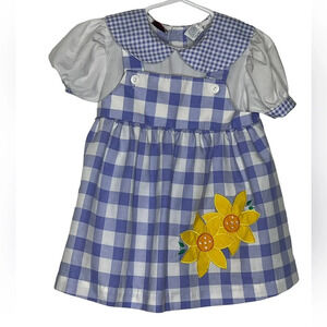 Vintage Mayfair kids cornflower blue check dress sunflower embroidered 2T